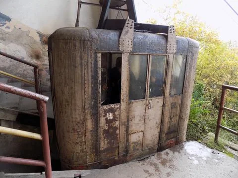 Old soviet ropeway and cable car cabin. Chiatura, Georgia Stock Photos