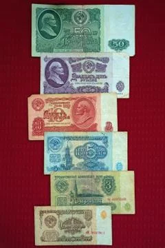Old Soviet Russian banknotes: 1, 3, 5, 10, 25, 50 rubles. Stock-Fotos
