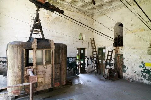 Old soviet rusty and functioning ropeway or cable car cabins in Chiatura Stock Photos