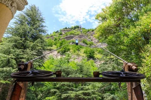 Old soviet rusty and functioning ropeway or cable car cabins in Chiatura Stock Photos
