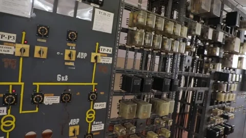 Old soviet switches in a heating station Stock Footage 230643274