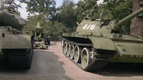 Old soviet tanks T-55 in perfect condition is standing for display in museum Stock Footage 318686804