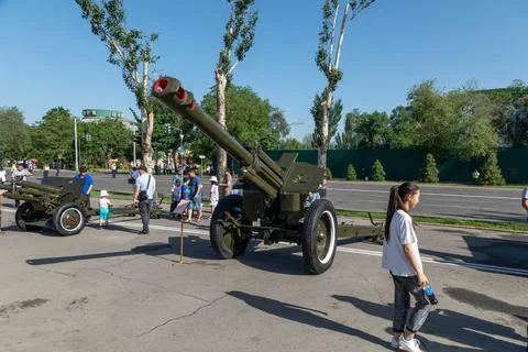 Old Soviet Union howitzer on a square during Victory Day Stock Photos
