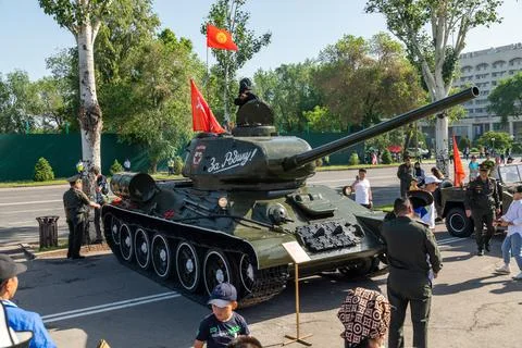 Old Soviet Union tank on a square during Victory Day Stock Photos
