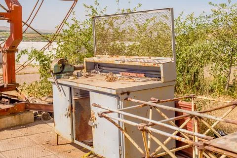 An old Soviet workbench stands in the sun Stock Photos