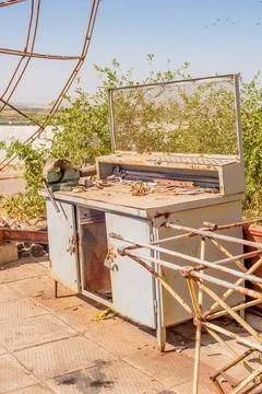 An old Soviet workbench stands in the sun Stock Photos