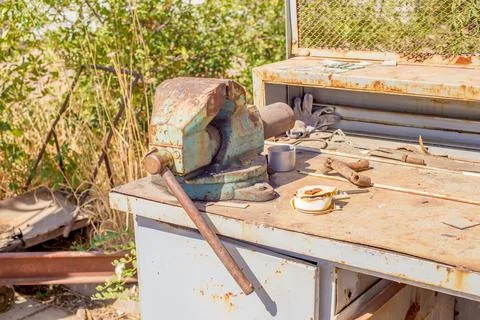 An old Soviet workbench stands in the sun Stock Photos