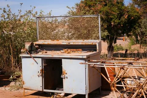 An old Soviet workbench stands in the sun Stock Photos