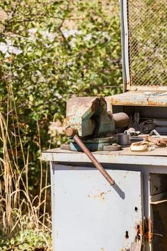 An old Soviet workbench stands in the sun Stock Photos