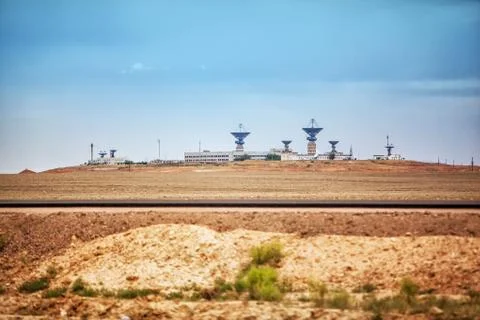 Old space communication and command station "Saturn". Baikonur, Kazakhstan Stock Photos