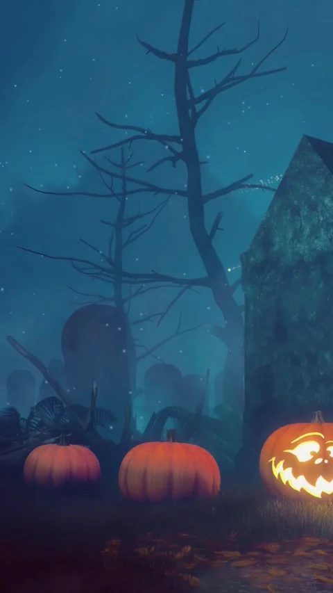 Old spooky graveyard at dark misty Halloween night Stock Footage 346856123