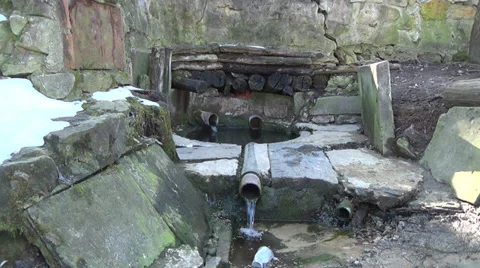 Old spring in spring forest, gurgling water Stock Footage 36036407