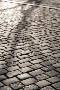 Old square cobble stone paving perspective with shadow of tree. Vertical Stock Photos
