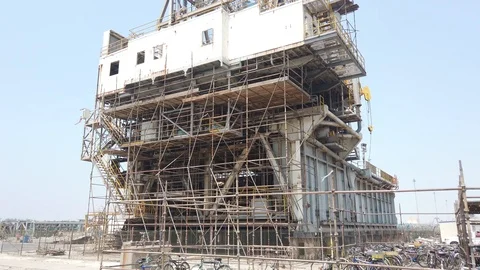 Old stacked of the jack up rig structure Stock Footage 116497697