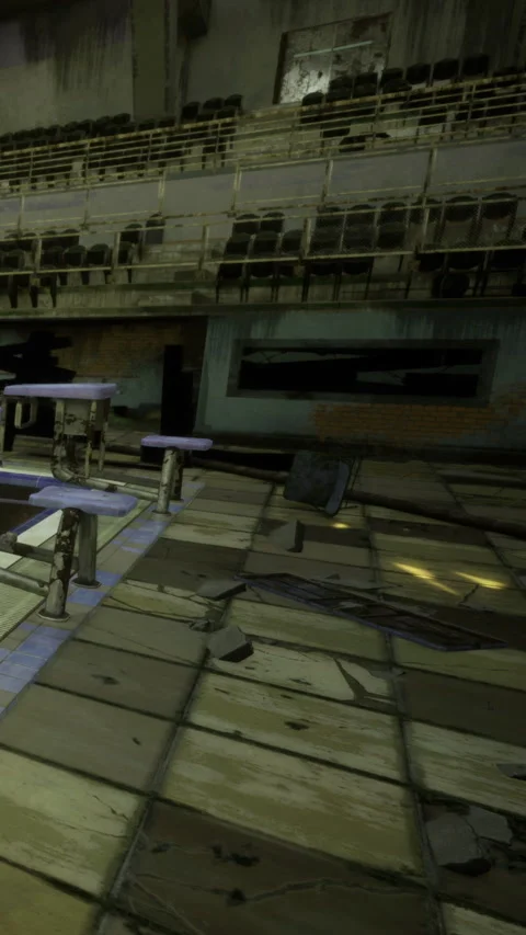 Old stadium interior with broken seats and empty space during daytime Stock Footage 334174221