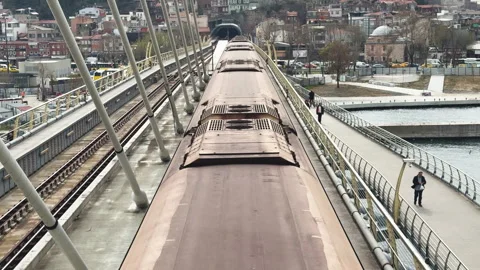 Old station, vintage rusty train move platform, railway bridge road. Stock Footage 307841760