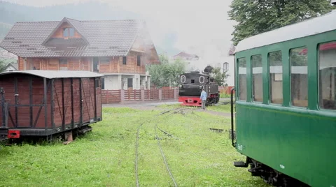 Old steam engine, train rolling, engine driver, carriage, tourist attraction Stock Footage 48513135