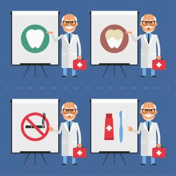 Old stomatologist indicates on flip chart Stock Illustration
