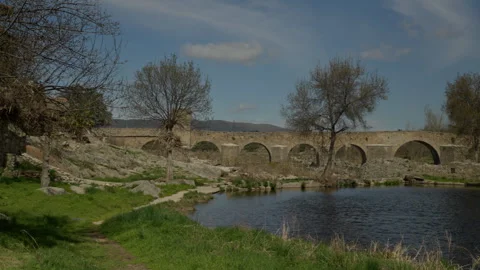 Old stone arch bridge spanning a flowing river Stock Footage 335461257