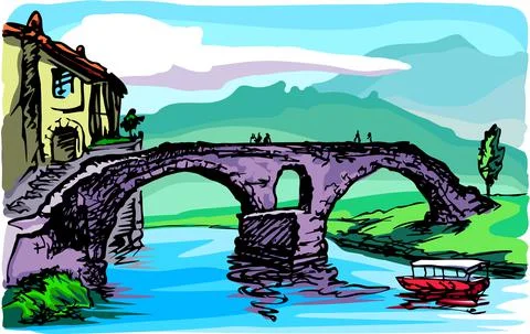 The old stone bridge over the river, a piece of the city and a pleasure boat Stock Illustration