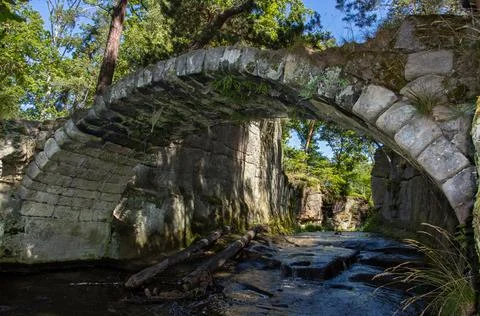 Old stone bridge over a stream in the woods Stock Photos