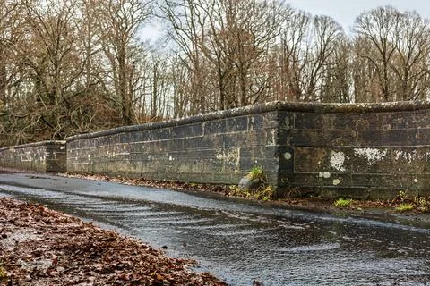 Old stone bridge wall beside wet road in winter woodland Stock Photos
