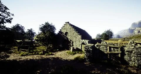 Old stone building surrounded by trees and nature on a sunny day Ilustración de archivo
