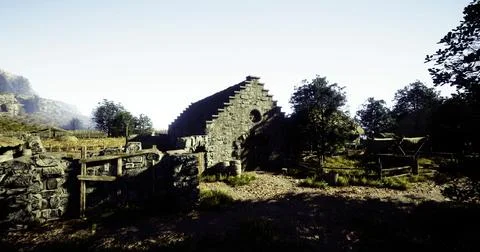Old stone building surrounded by trees in a rural area during daylight Ilustración de archivo