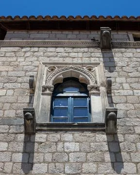 Old stone building texture background street view wall Stock Photos