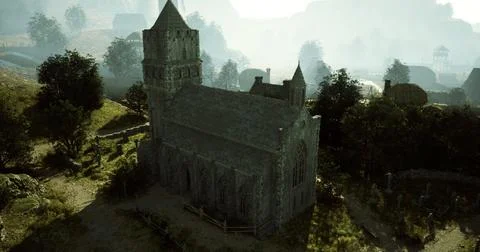 Old stone church surrounded by trees in a misty landscape at dawn Stock Illustration