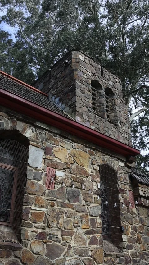 Old stone church tower with eucalyptus trees Stock Footage 341906801