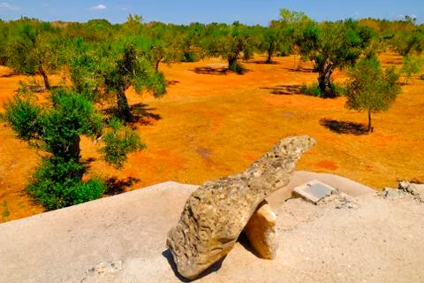 Old stone cistern with ancient olive trees, Salento, Apulia region, south Italy Stock Photos