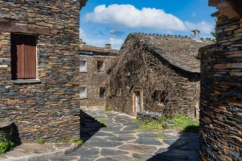 Old stone constructions on the route of the black villages, Majaelrayo Stock Photos