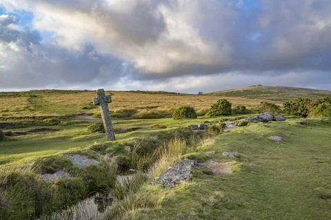 Old stone cross at Windy post Dartmoor Stock Photos