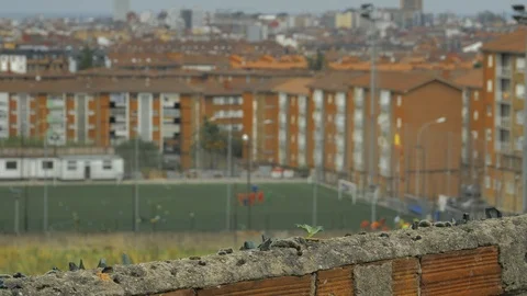 Old stone fence with sharp crashed bottles on the top and city district Stock Footage 94735483