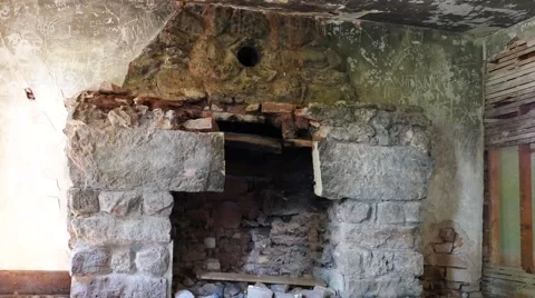 Old Stone Fireplace Inside Abandoned House Stock Footage 54076603