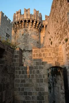 Old stone fortification at Rhodes town, Rhodes, Dodecanese, Greece Stock Photos