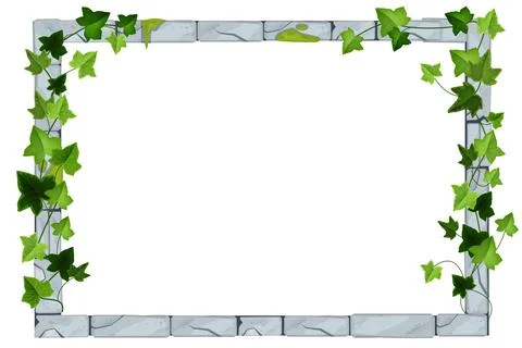 Old stone game frame, vector brick UI border, floral ivy leaf illustration Stock Illustration