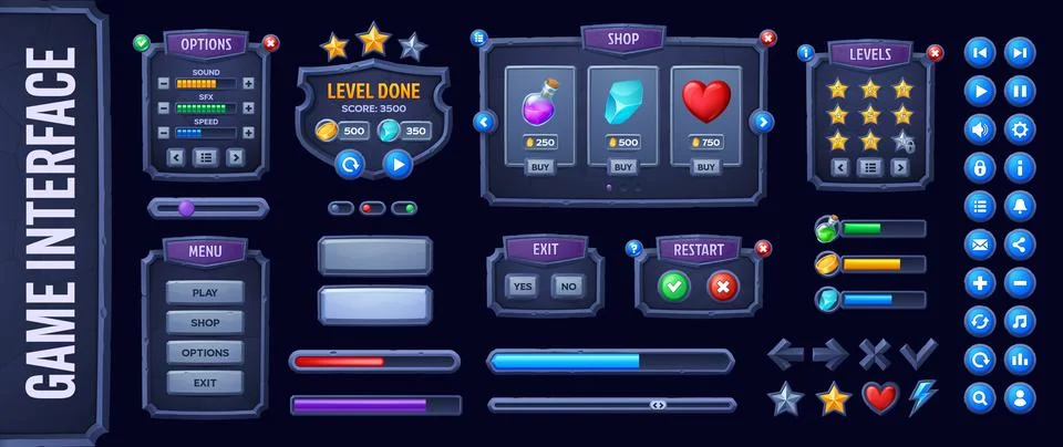 Old stone game UI interface buttons, level windows Illustrazione stock