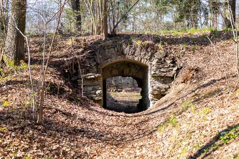 Old stone gate with arched vault in the woods Stock Photos