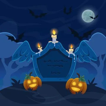 An old stone grave with candles on cemetry. Full moon night with bats on sky and Stock Illustration