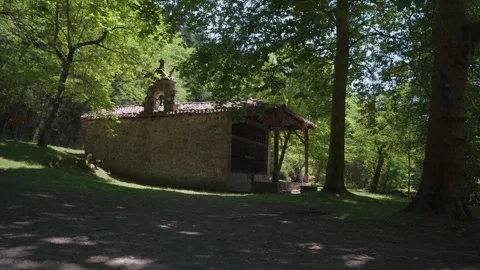 Old stone hermitage standing in a lush green forest Stock Footage 337036206