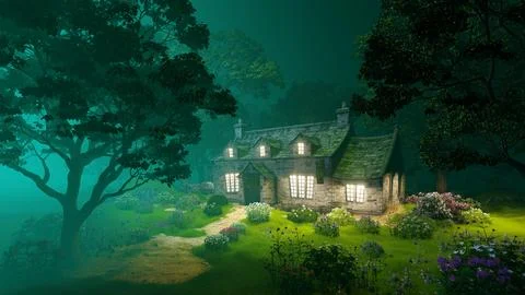 An old stone house in a twilight forest. Stock Illustration