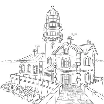 Old stone lighthouse with attached coastal keeper house Stock Illustration
