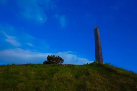 An old stone made tower built on top of green grass hill and trees Stock-Fotos