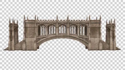 Old stone medieval covered bridge. 3D illustration isolated. Stock Illustration