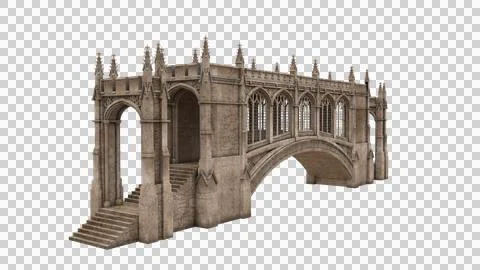 Old stone medieval covered bridge. Perspective view 3D illustration isolated. Stock Illustration