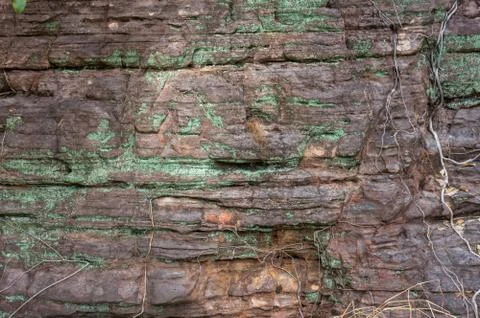 Old stone, rock texture with cracks and layers with some green fungi Stock Photos
