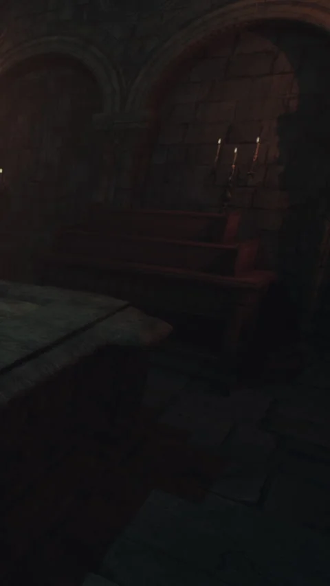 Old stone room with benches and candlelight near wall Stock Footage 340273060