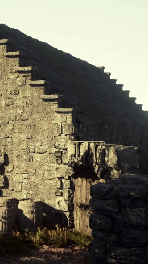 Old stone ruins stand tall under the sun with stairs leading up the structure Video stock 338001153